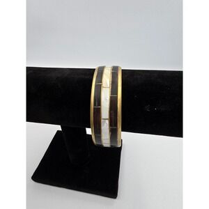 Vintage Brass Wood Mother of Pearl Inlay Bangle Bracelet Cuff 7.5" Tribal Ethnic